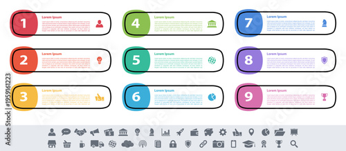 Infographic design business concept vector illustration with 9 steps or options or processes represent work flow or diagram or web button banner