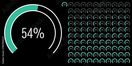 Set of circular sector arc percentage diagrams meters progress bar from 0 to 100 ready-to-use for web design, user interface UI or infographic - indicator with green