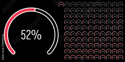 Set of circular sector arc percentage diagrams meters progress bar from 0 to 100 ready-to-use for web design, user interface UI or infographic - indicator with red