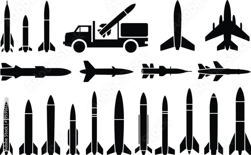 Missile icons silhouette set, black vector collection of rocket launchers, military weapons, defense technology, cruise missiles, aerospace gear, and tactical systems for defense and security design.