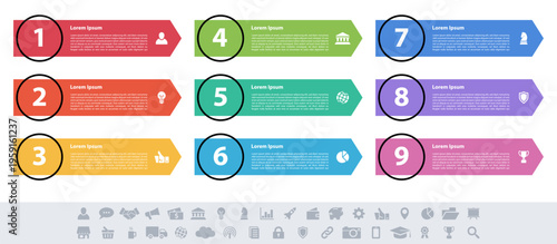 Infographic design business concept vector illustration with 9 steps or options or processes represent work flow or diagram or web button banner
