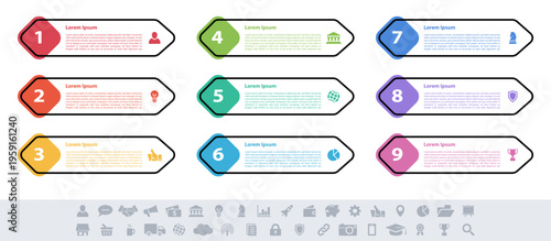 Infographic design business concept vector illustration with 9 steps or options or processes represent work flow or diagram or web button banner