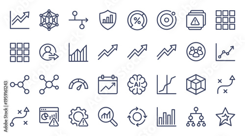 Collection of Icons Representing Data Analysis, Business Growth, Technology, and Scientific Concepts