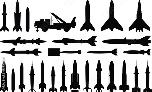 Missile icons silhouette set, minimalist black symbols including rockets, launchers, cruise missiles, and military equipment for aerospace, warfare, and tactical graphics.