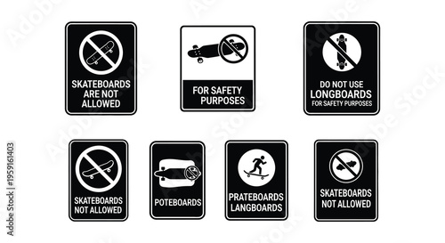 No skateboarding allowed prohibition signs against various boarding activities