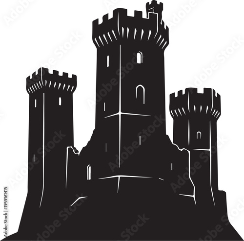 Black castle, medieval fortress, tower silhouette, vector icon