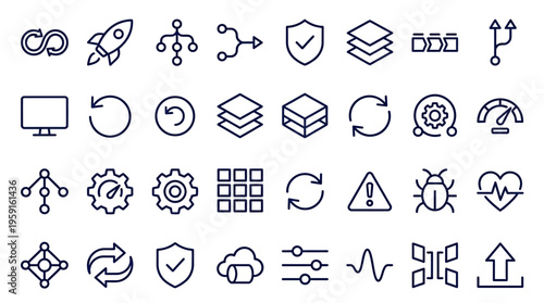 A collection of line art icons representing software development, technology, and business concepts, featuring symbols for coding, data, security, and cloud computing