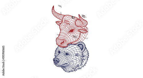 A red wireframe bull head is precisely stacked atop a blue wireframe bear head, both intricately rendered on a clean white background.
