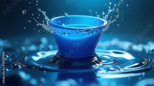 A dynamic splash of water around a blue bowl, creating a visually striking effect against a dark background.