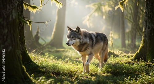 Majestic wolf standing in misty forest at sunrise, sunbeams, natural light