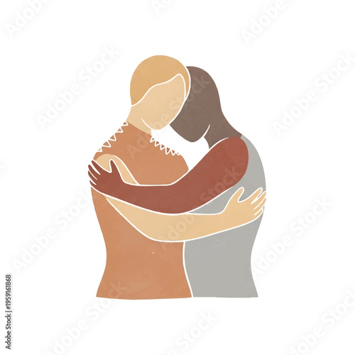 Illustration of a man and woman embracing each other in a warm and intimate hug with simple outlines and solid colors on a white background.