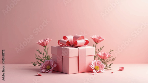 Pink gift box, wrapped present, flowers, Valentine's Day, gift giving
