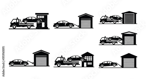 Simple black and white icons depicting car towing and garage services