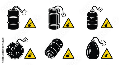 Warning depictions of various explosive devices and caution symbols