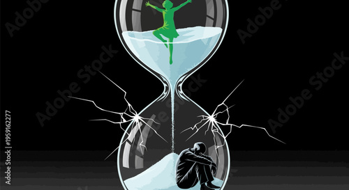 Time pressure concept with breaking hourglass showing stressful deadlines and urgent task management