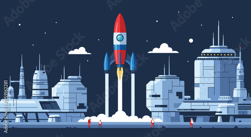 A red, white, and blue rocket launches from a futuristic human colony on Mars with multiple sleek buildings under a dark sky.