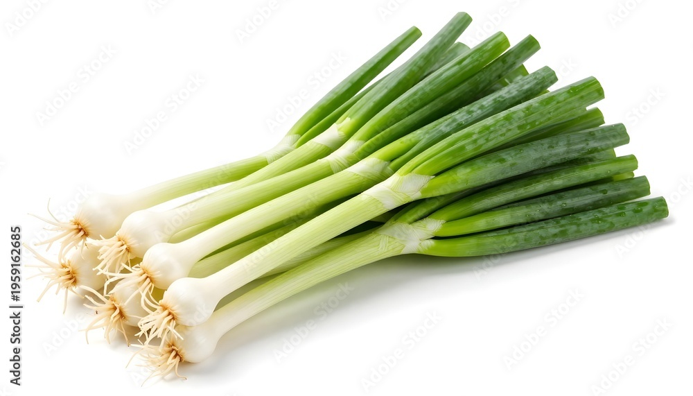Obraz premium Fresh green onions with roots and white bulbs on a clean white background