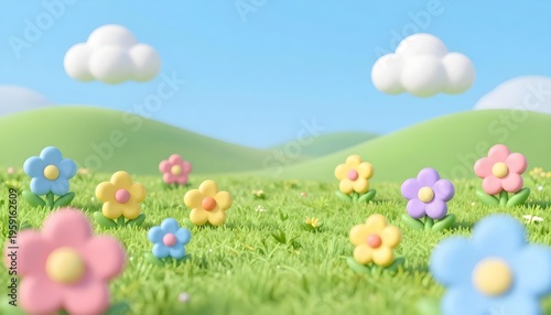Whimsical 3D cartoon flowers bloom in a vibrant green meadow under a blue sky