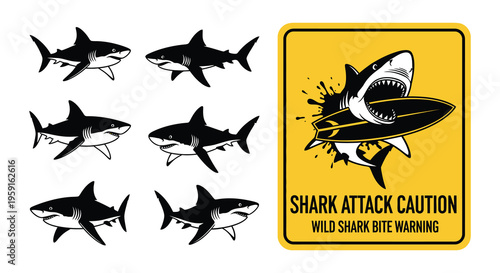 Shark warning signs and symbols depicting potential ocean dangers