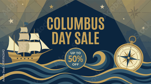 Columbus Day Sale Promotional Banner with Vintage Ship and Compass