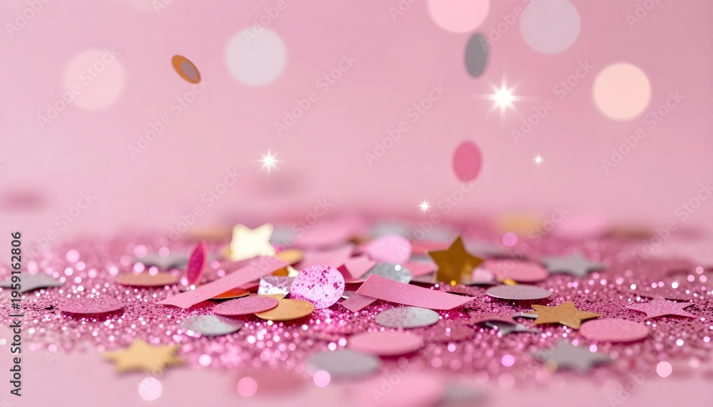 Obraz premium Sparkling pink confetti and stars scattered on a soft pink background with bokeh lights