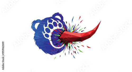 A stylized blue bear head with a paw print on its mouth emits a sharp red polygonal chili surrounded by colorful geometric shards on a white background.