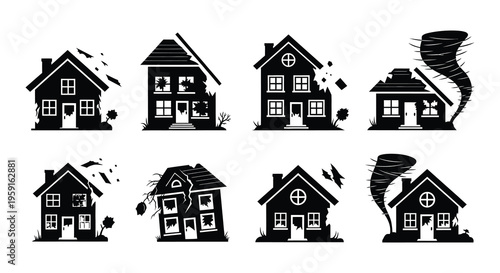 Illustrations depicting houses in varying states of damage from natural disasters