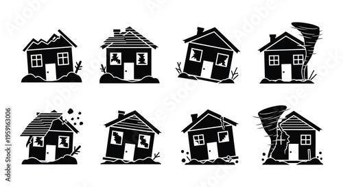 Illustrations depicting houses in varying states of damage from natural disasters