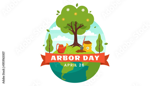 Arbor Day illustration with tree and globe on April 26