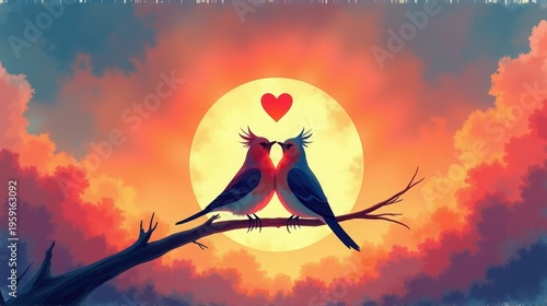 A vibrant illustration of two birds sharing a tender moment under a glowing sunset with a heart symbol.