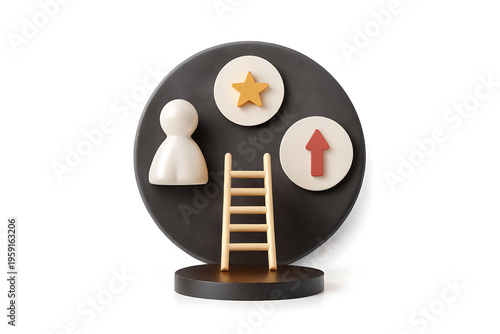 3d illustration of career growth concept with a person, ladder, star, and upward arrow isolated on white background