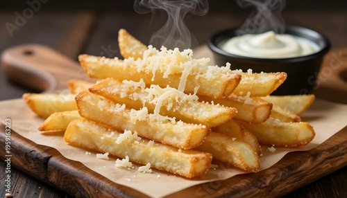 Steaming hot french fries generously topped with grated cheese and served with a dipping sauce