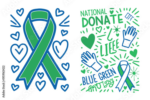 Organ Donation Awareness Vector, Blue and Green Ribbon Celebration Design