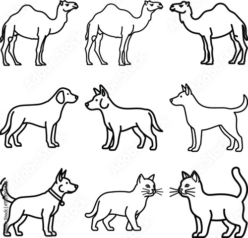 Collection of black outline animal including camels dogs and cats
