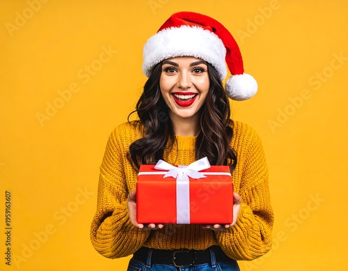 A smiling woman in a Santa hat holds a gift