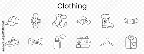 Clothing set icon. Outline apparel accessories, cap, wristwatch, socks, sun hat, winter boots, belt, sneaker, bow tie, perfume, sewing machine, hanger, shirt.