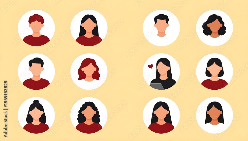 Fototapeta premium Diverse group of people avatars in circular frames on a warm yellow background