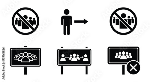 Social distancing and group gathering restrictions illustrated with black icons