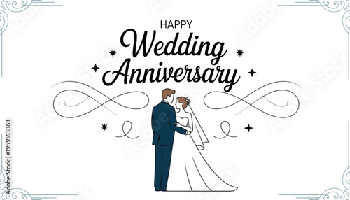 A happy wedding anniversary illustration with a loving couple embracing