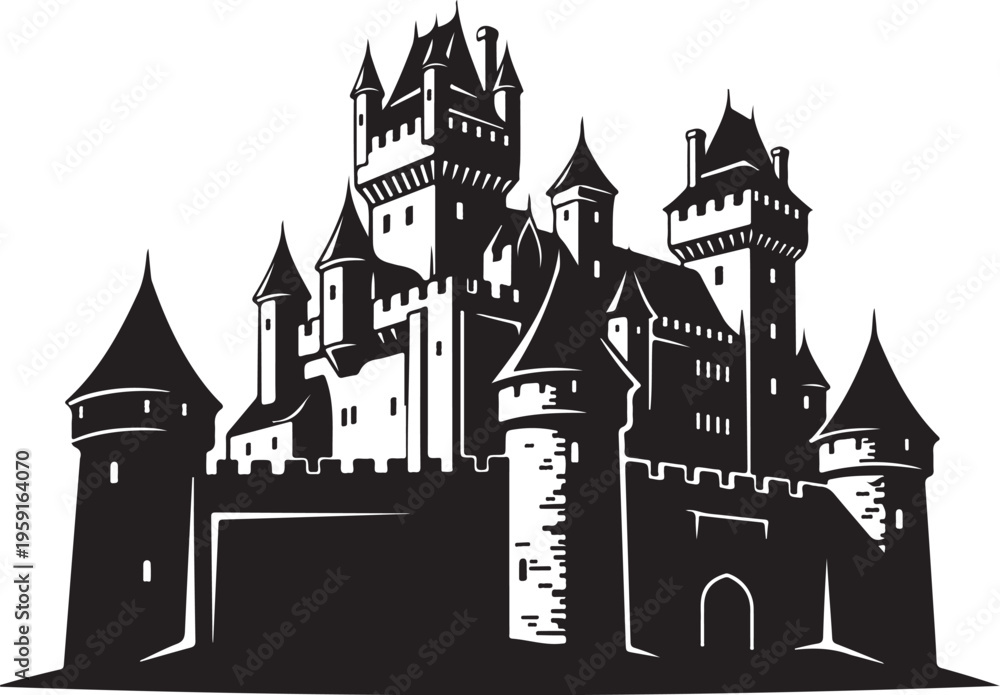 Obraz premium Medieval Castle, Black Silhouette, Vector Illustration, Fantasy Architecture