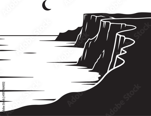 Black and white cliffside landscape vector, moonlit ocean scenery, minimalist illustration, dramatic coastal view