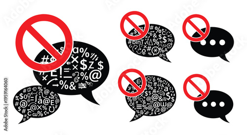 Prohibited speech Symbols and talk bubbles with red no signs