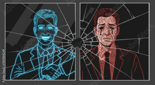 Split personality concept with two contrasting faces in shattered glass frames side by side