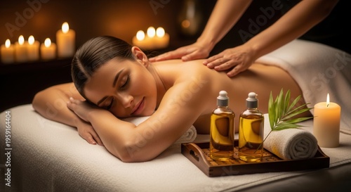Woman receiving relaxing massage in dimly lit spa