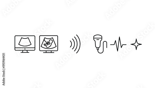 Ultrasound medical icon set with monitor and probe illustration