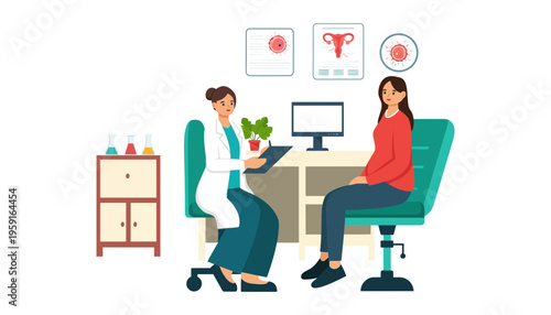 A female doctor consulting a patient in a modern medical office setting