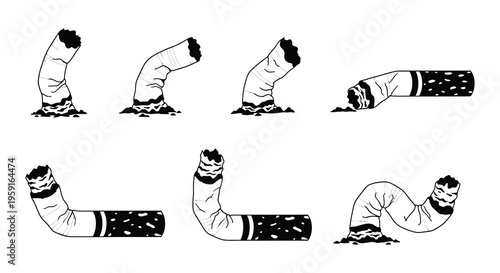 A series of illustrations depicting extinguished cigarettes in varying states