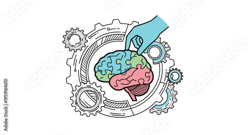 A light blue-gloved hand places a green puzzle piece into a multi-colored brain centered within a complex circular arrangement of gears and cogs on a pale gray-white background.