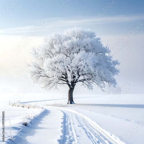 A snow-covered tree stands alone on a frosty landscape