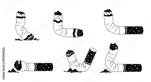 A series of illustrations depicting extinguished cigarettes in varying states